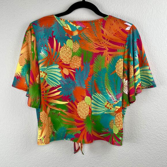 Green Multicolor Tropical Print Tie Front Flutter Sleeve Cropped Top Plus 2X NWT - Picture 12 of 13